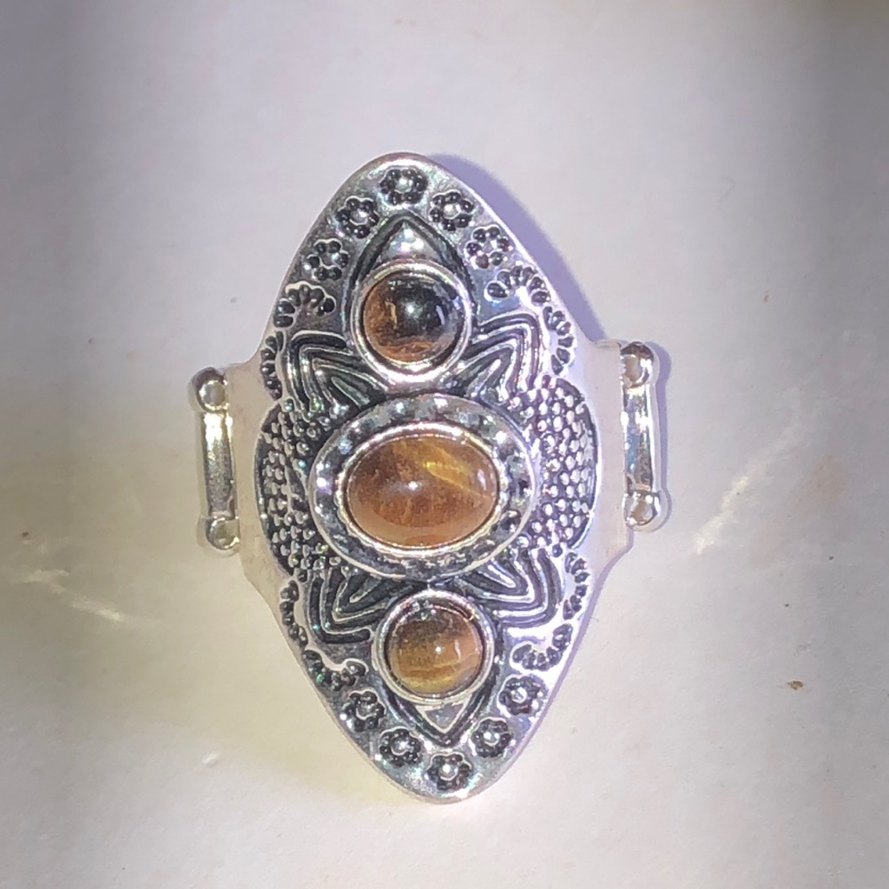 Silver Tone Bohemian Oval Ring with Faux Tigers Eye Cabochons